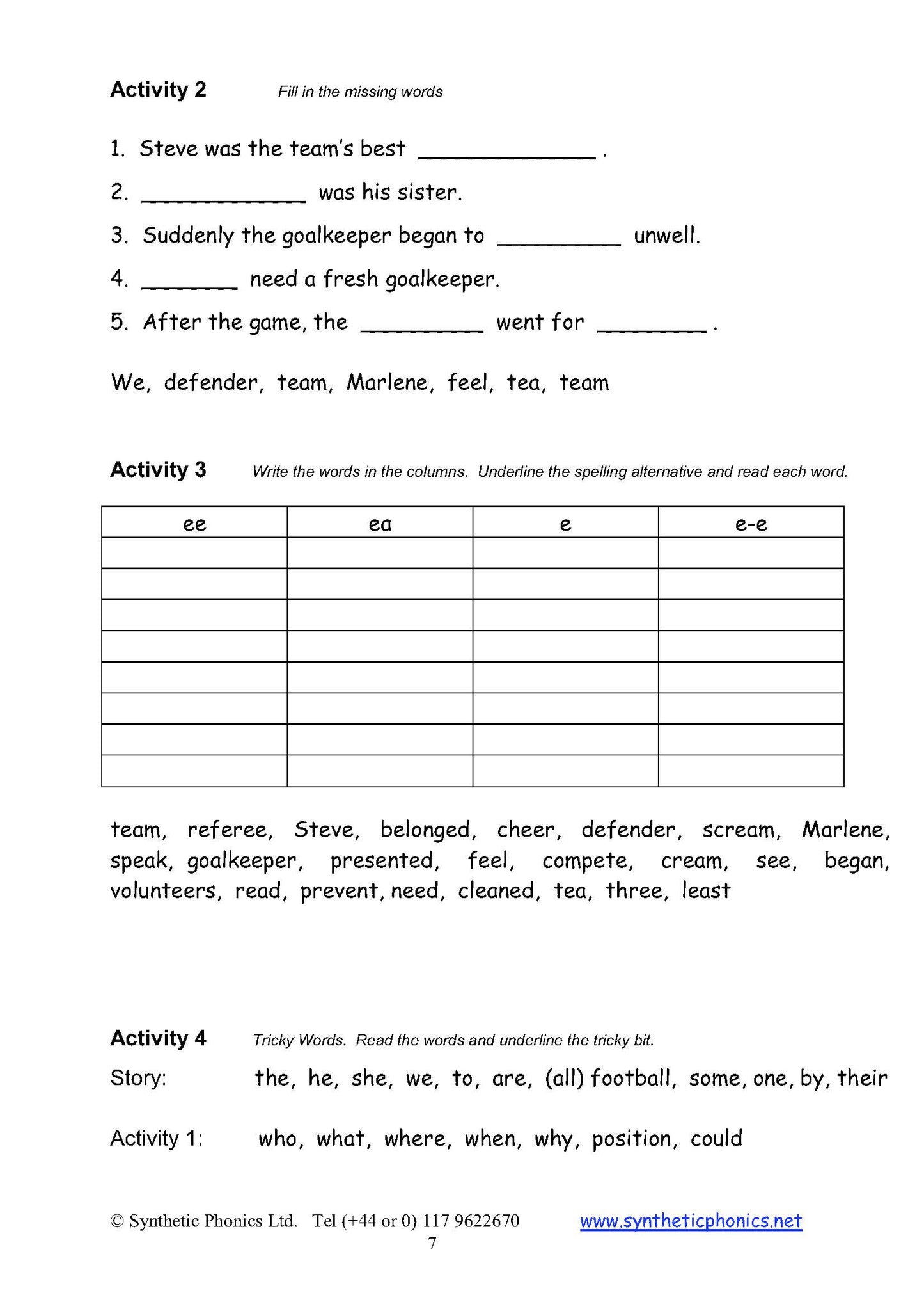 Phoneme Spotter Stories, Book 1. Reading, Comprehension and Writing Activities (PSS1)